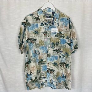 Campia - tan, blue, palm trees sail boat short sleeve rayon shirt